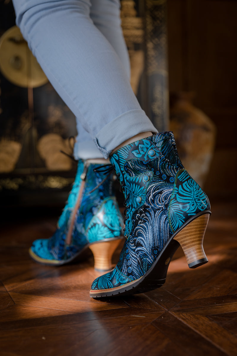 Soffia | Palm Leaf Peacock Feather Leather Ankle Boot