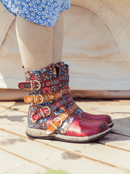 Soffia | Daisy Printed Straps Leather Ankle Boot