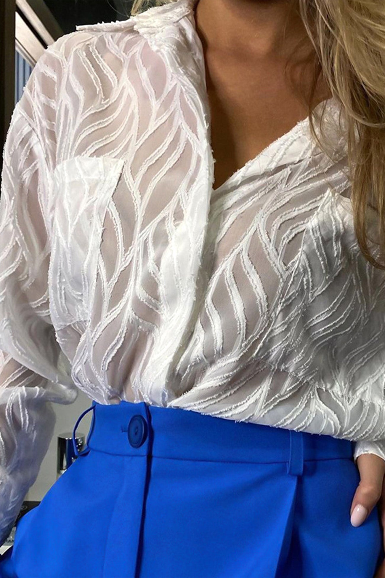 Sheer Textured Button-up Long Sleeve Blouse