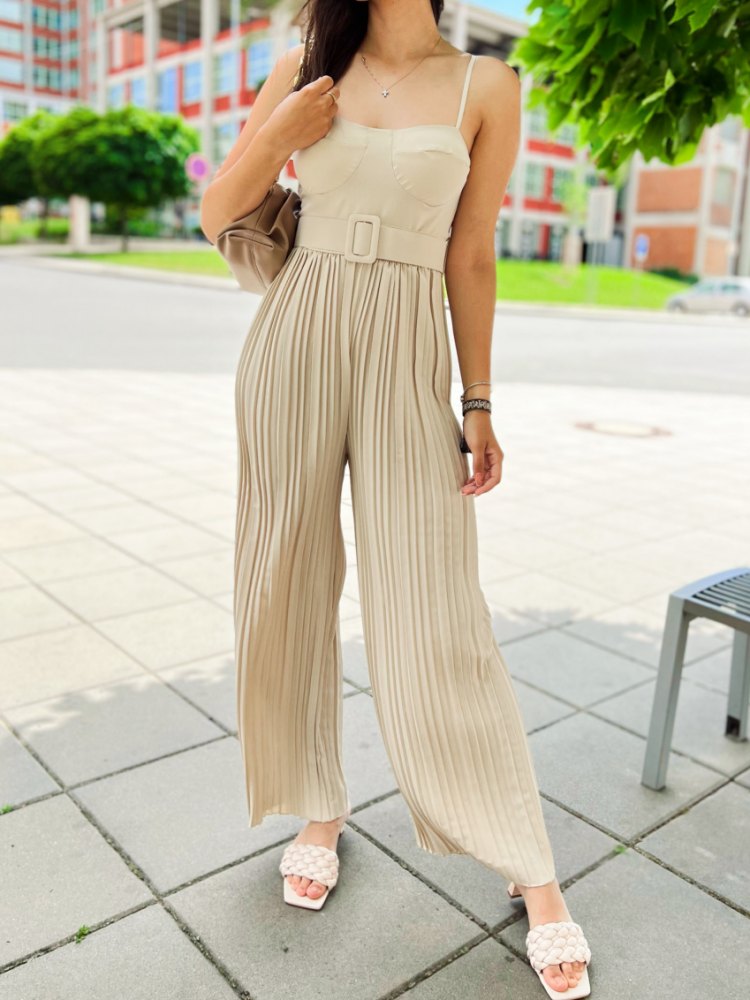 Strappy Jumpsuit With Wide Leg Pleated Detail in Beige