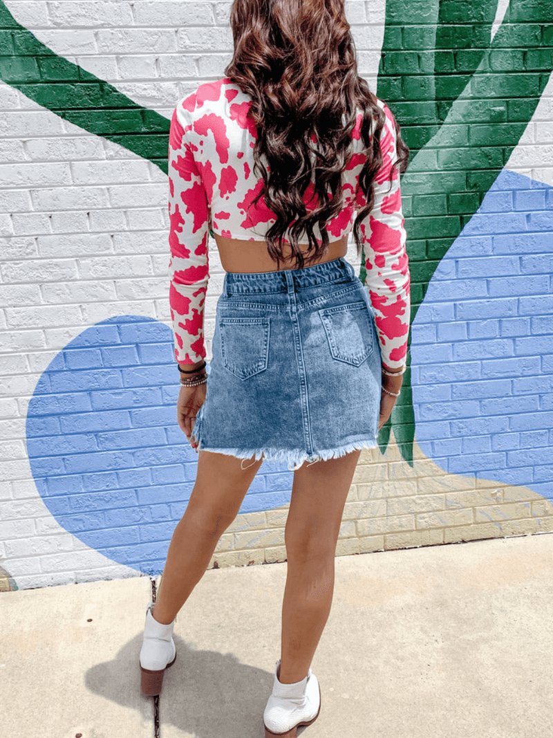 Krysten Sequins Fringe Tassel Hem Denim Mini Skirt