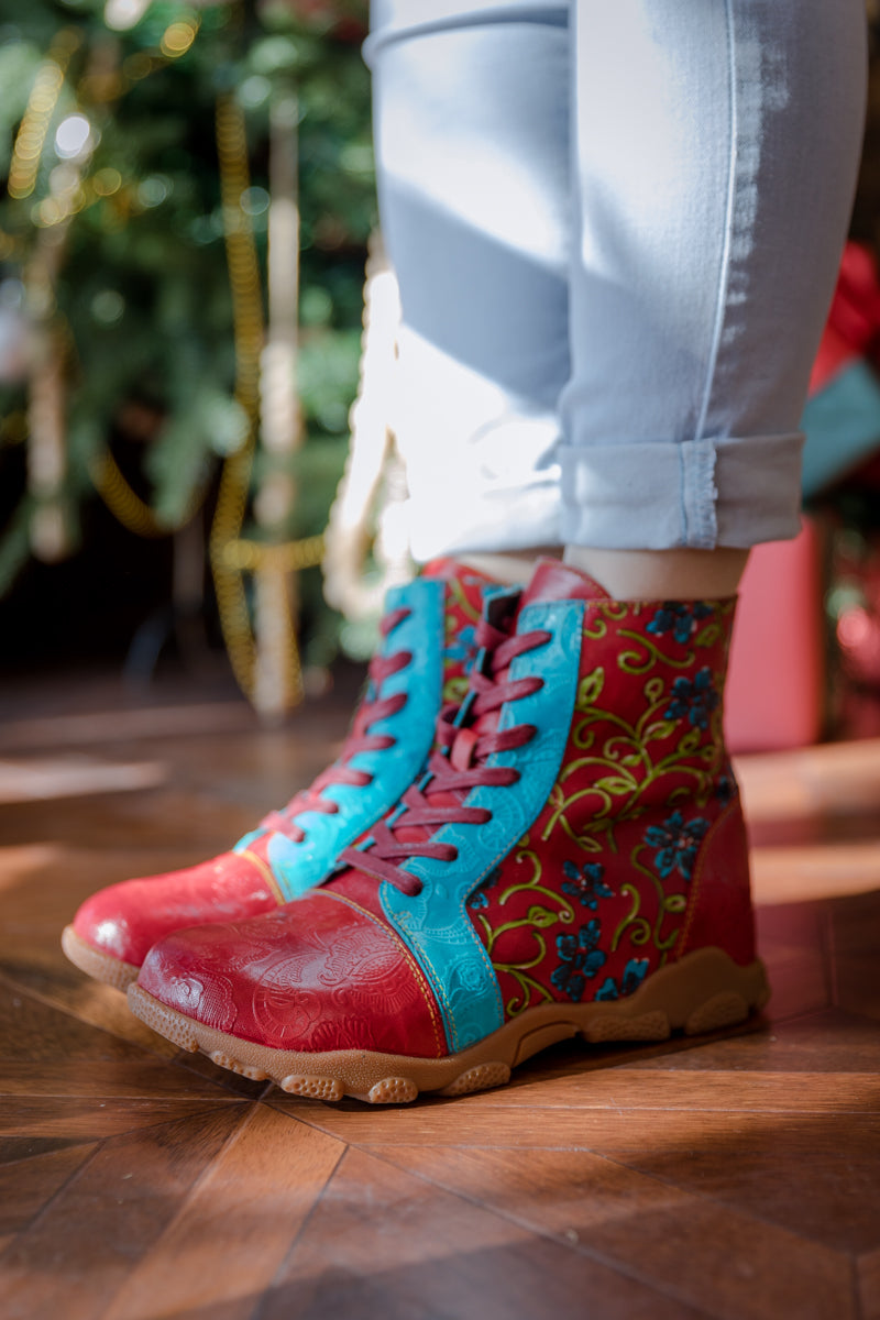 Soffia | Swirl Embossed Lace Up Leather Combat Boot