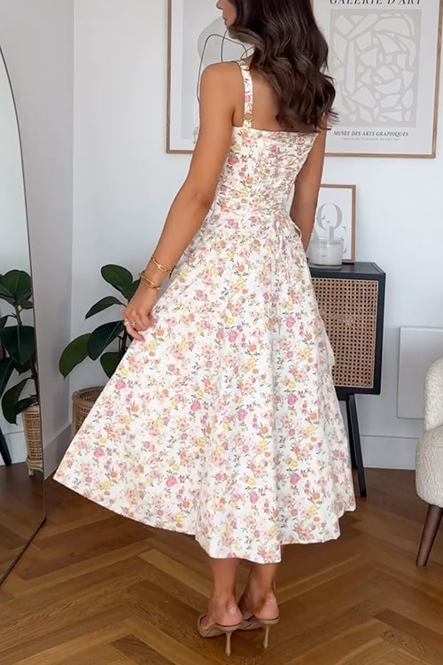 Adjustable Strap High Waist Slit Swing Midi Dress