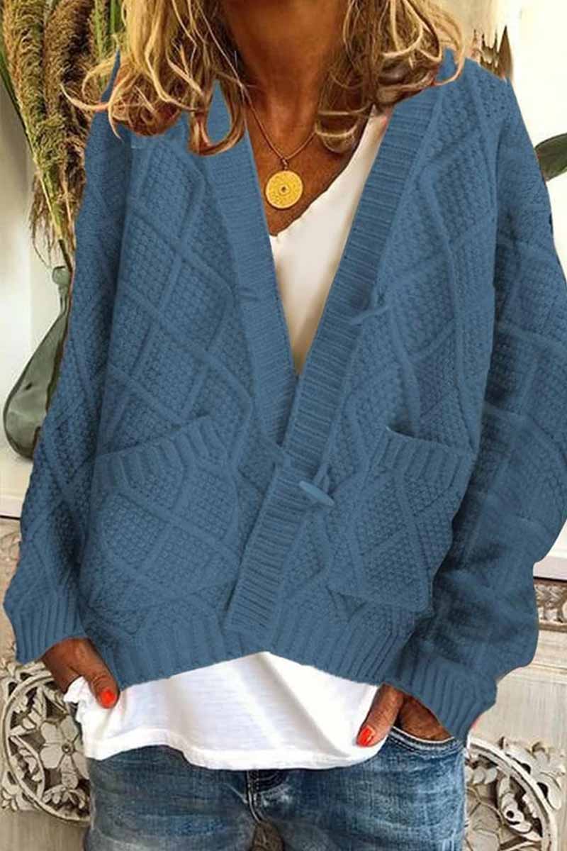 Ribbed Horn Buckle Pockets Cardigan(4 Colors)
