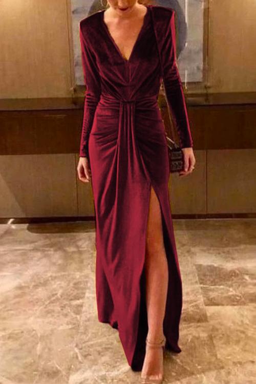 Deep V Neck Ruched Split Velvet Maxi Dress(5 Colors Available)