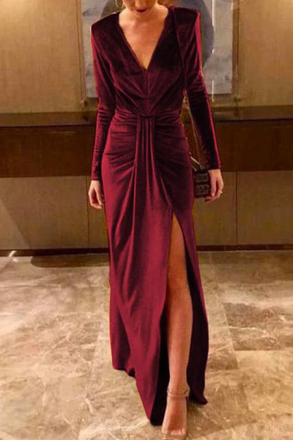 Deep V Neck Ruched Split Velvet Maxi Dress(5 Colors Available)