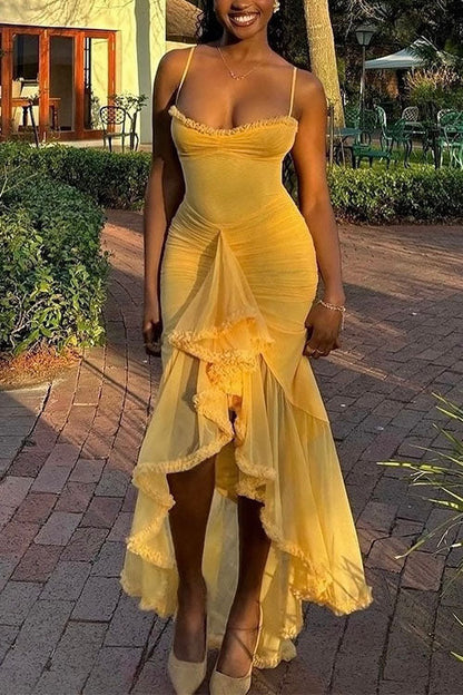 Moxidress Spaghetti Strap Frill Trim Draped Slit Maxi Dress