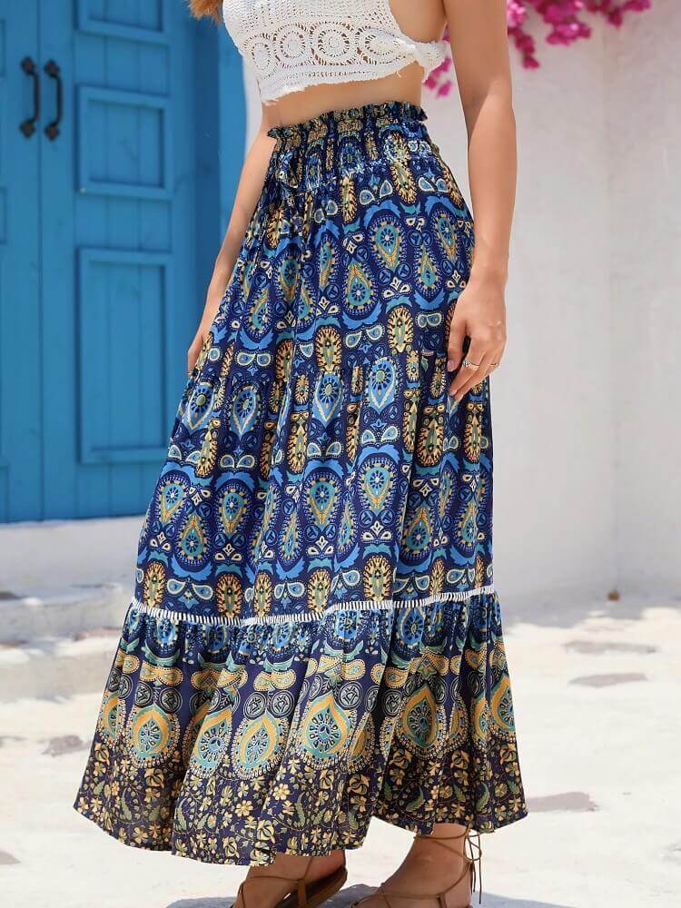 Shirred High Waist Skirt in Blue