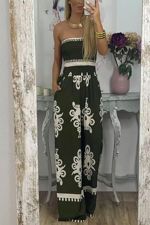 Off Shoulder Smocked High Waist Wide Leg Printed Jumpsuit