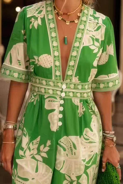 Stylish V-neck Printed Jumpsuit