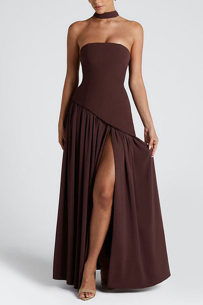 Moxidress Strapless Back Lace-up High Slit Splice Maxi Dress