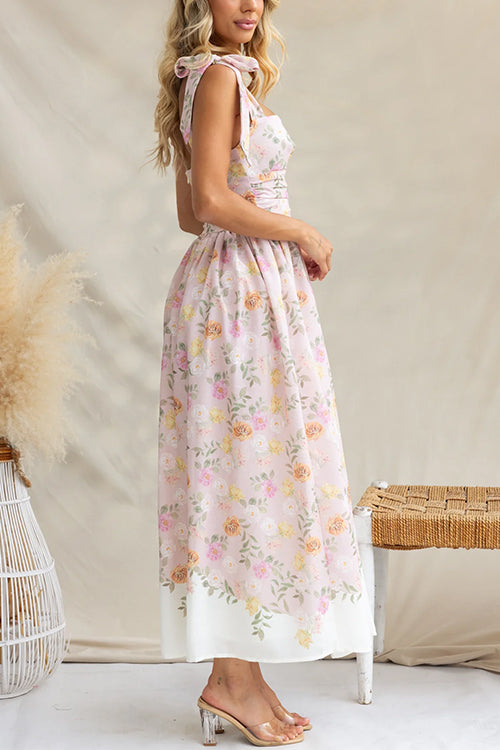 Adjustable Tie Straps Waisted Print Maxi Dress