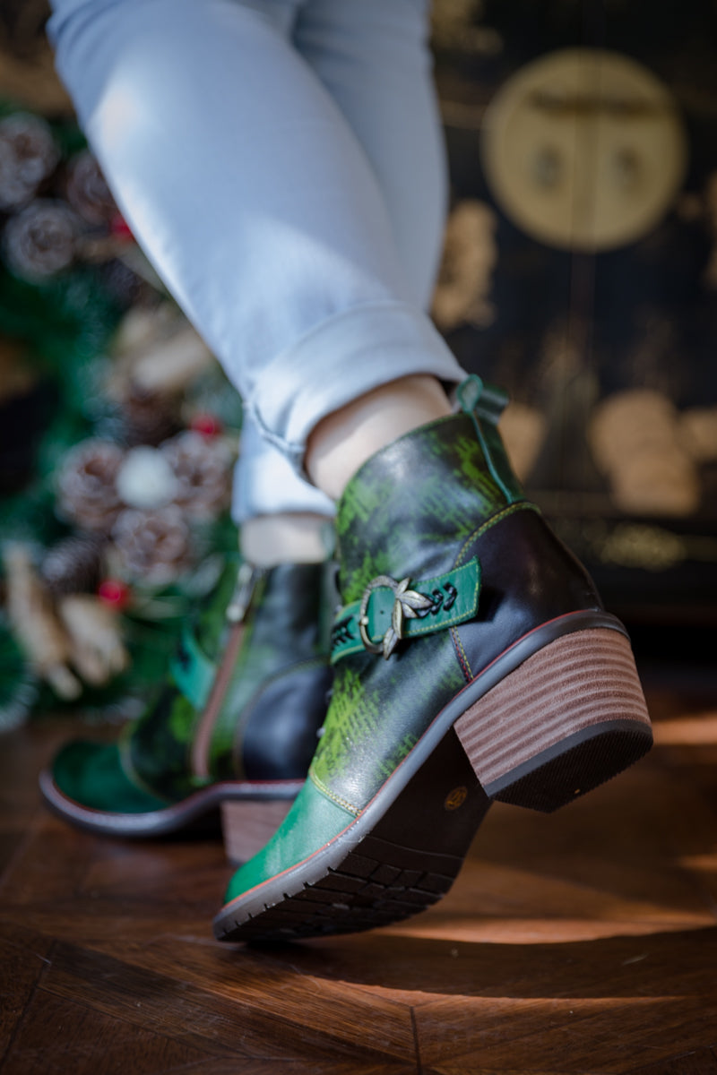 Soffia | Dark Green Leather Ankle Boot