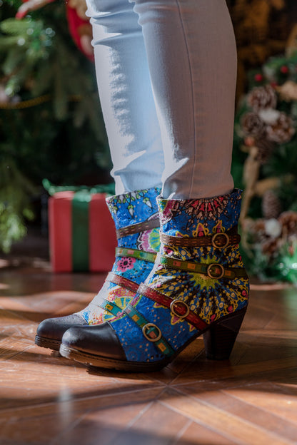 Soffia | Mandala Blue Firework Strap Accent Leather Boot