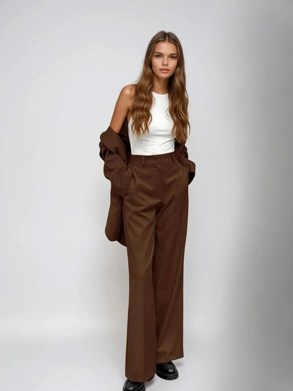 Mocha Blazer & Wide-leg Pants Matching Set
