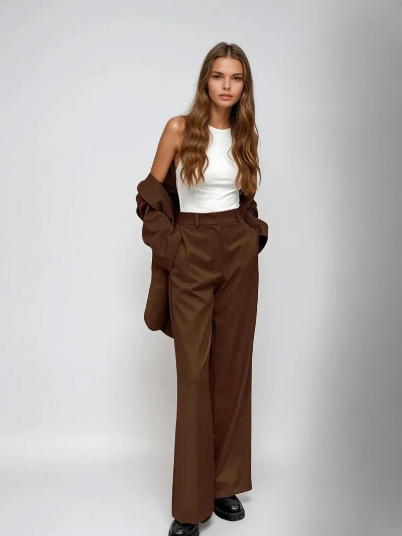 Mocha Blazer & Wide-leg Pants Matching Set