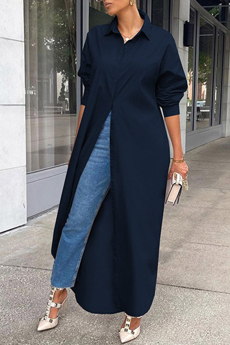 Color Single-breasted Long Blouse
