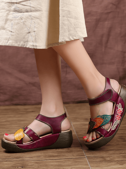 Soffia | Genuine Leather Applique Platform Ankle Strap Sandal