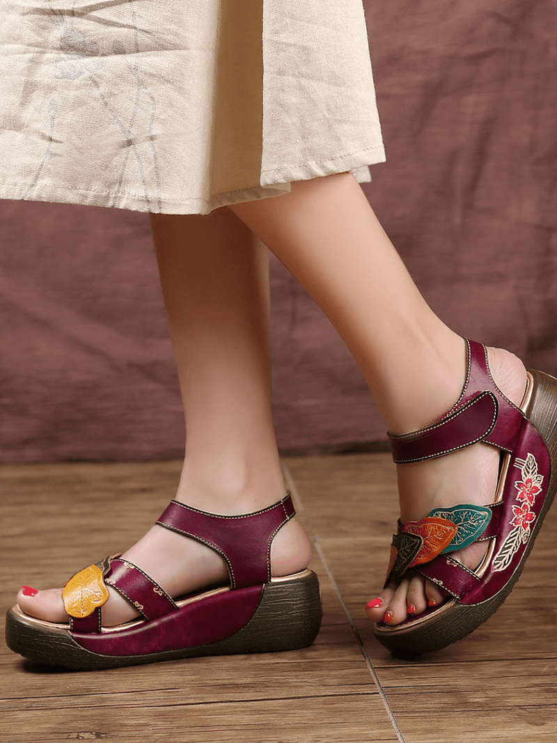 Soffia | Genuine Leather Applique Platform Ankle Strap Sandal
