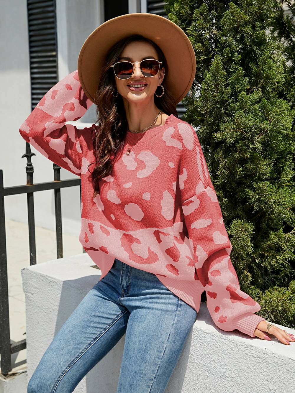 Leopard Round Neck Knit Sweater