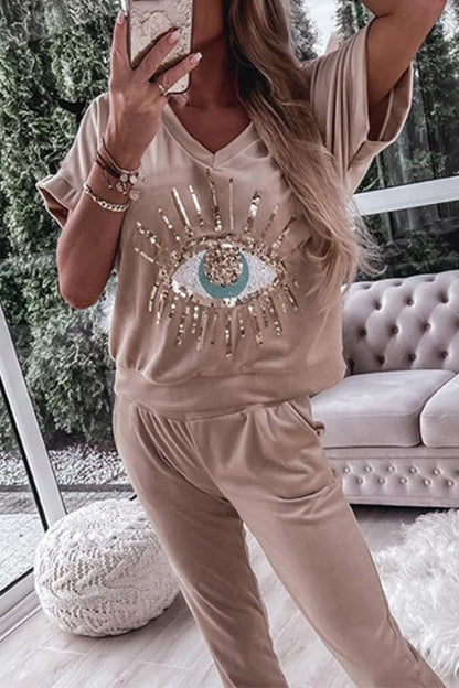 Sequin Pattern V Neck Short Sleeve Top With Pocketed Pants Set