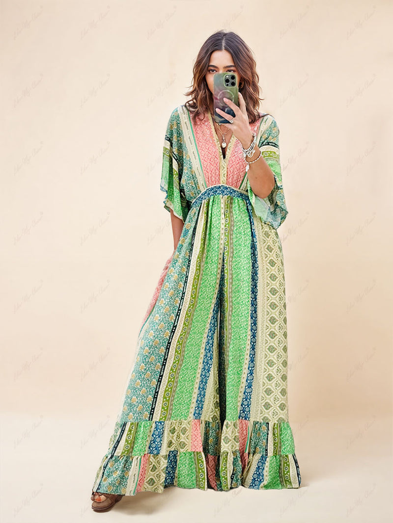Retro Flare Sleeve Pocketed Loose Wide Leg Jumpsuit