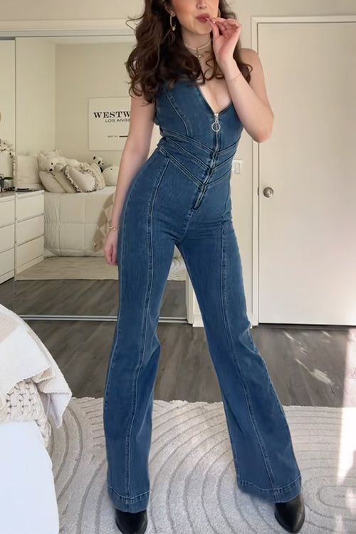 Zip Up Sleeveless Heart Back Bell Bottom Denim Jumpsuit