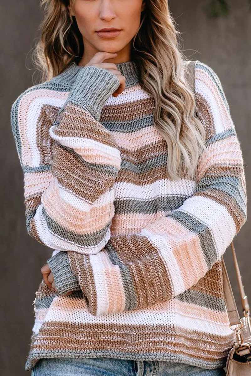 O-neck Stitching Striped Long-sleeved Sweater