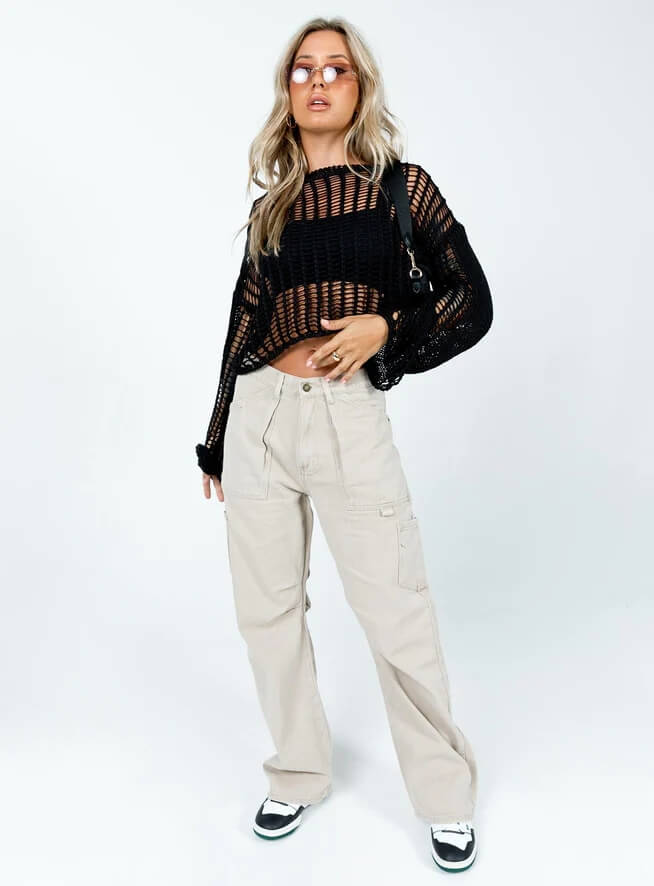 Baize Crochet Dolman Sweater - Black