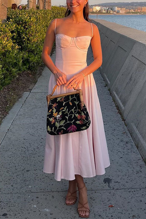 Moxidress Spaghetti Strap Pocketed Corset Swing Midi Dress