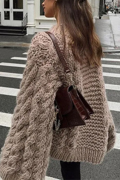 Moxidress Round Neck Oversized Cable Knit Sweater