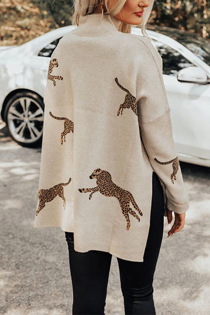 High Neck Side Slit Cheetah Pattern Sweater