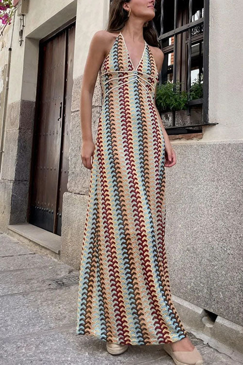 Moxidress Halter V Neck Backless Color Block Crochet Maxi Dress