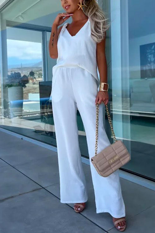 V Neck Sleeveless Top Wide Leg Pockets Pants Set