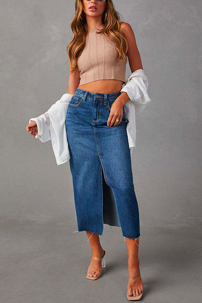 High Rise Raw Hem Slit Front Denim Midi Skirt