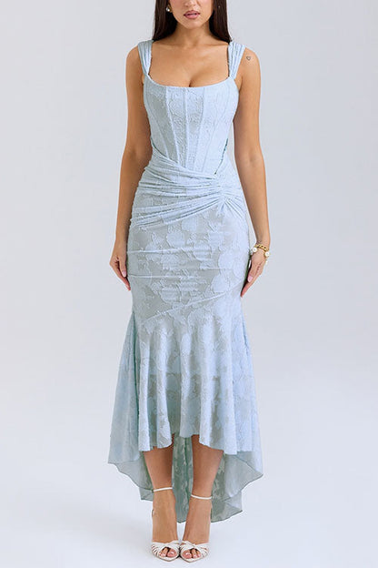 Moxidress Sleeveless Ruched Waist Ruffle Hem Jacquard Maxi Dress