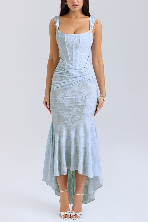 Moxidress Sleeveless Ruched Waist Ruffle Hem Jacquard Maxi Dress