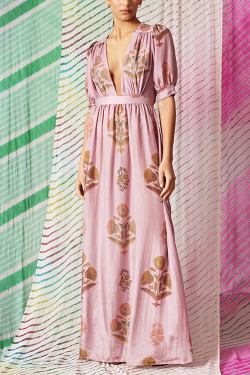 Deep V Neck Waisted Surya Print Maxi Dress