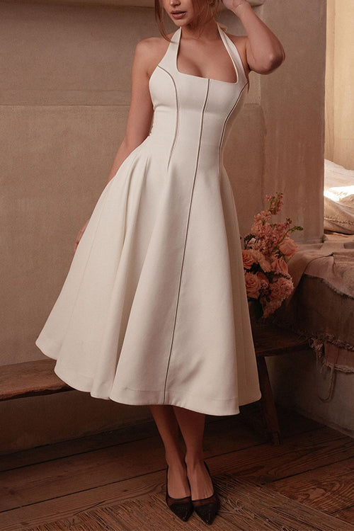 Halter Neck Backless Hollow Out Swing Midi Dress