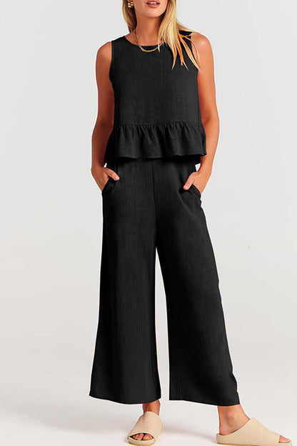 Crewneck Ruffle Tank Top Wide Leg Pockets Pants Set