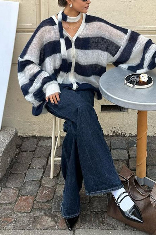 Moxidress Lantern Sleeves Button Down Color Block Stripes Sweater With Scarf