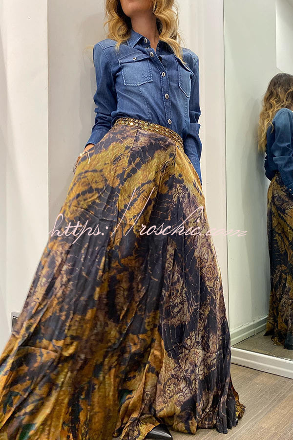 Like Wow Sequin Waistband Tie-dye Elastic Waist Pocketed Swing Maxi Skirt