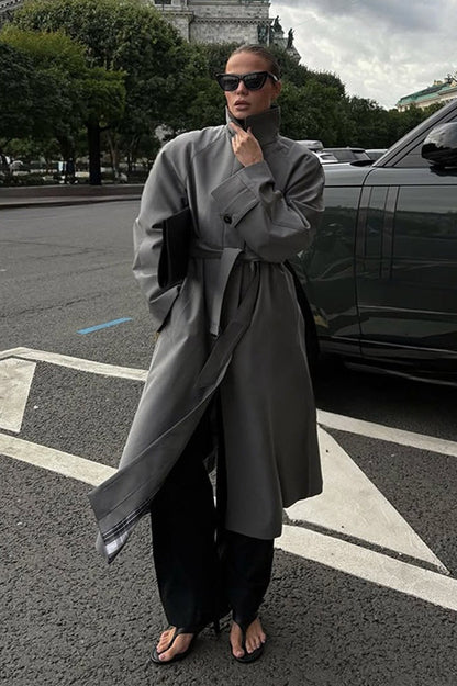 Lazy- European Color Stand Collar Belted Long Overcoat