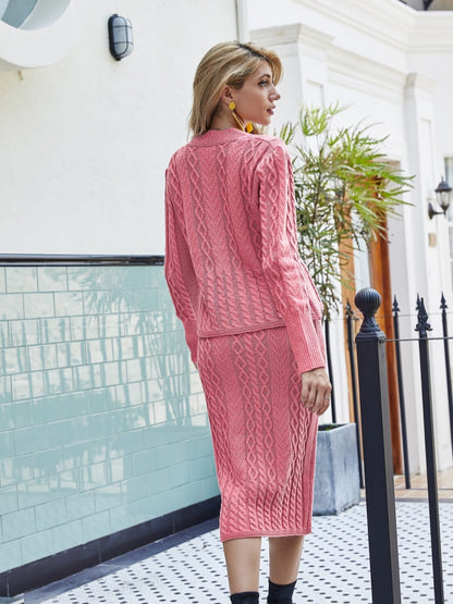Knit V-neck Sweater & Bodycon Skirt Set