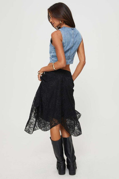 Asymmetrical Hem Lace Detail Midi Skirt