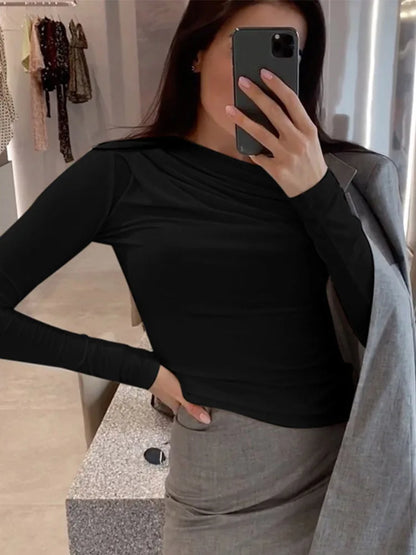 Long Sleeve Top White T-shirts Basic Crop Top Autumn Pollover Skew Neck T Shirt Basic Black Y2k Tees