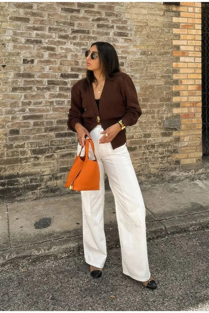 V-neck Buttoned Knit Cardigan