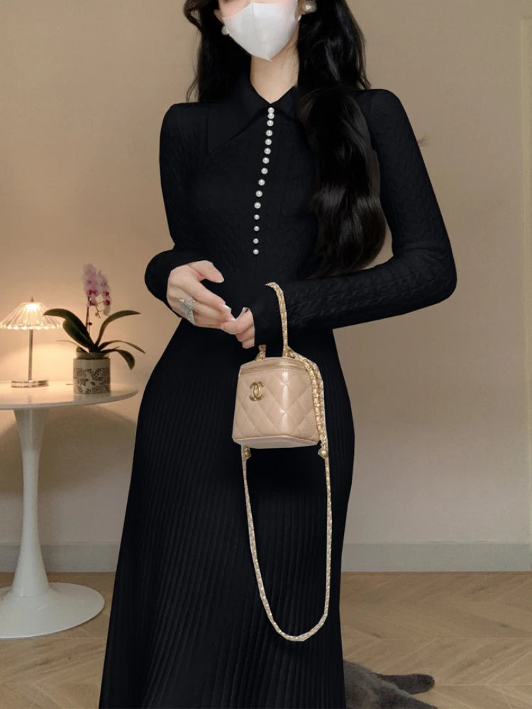 French Knitted Dress A-line Slim Long Dresses Autumn Winter Lapel Long Sleeve Sweet Sweater Dress Vestidos