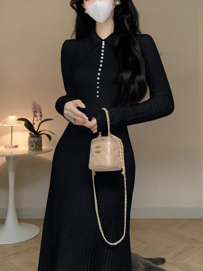 French Knitted Dress A-line Slim Long Dresses Autumn Winter Lapel Long Sleeve Sweet Sweater Dress Vestidos
