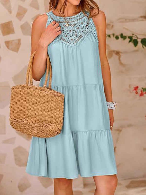A-line Loose Hollow Pleated Color Split-joint Round-neck Mini Dresses
